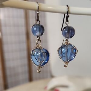 Handcrafted | Vintage Blue Glass Silver Wire-Wrapped Dangle Earrings
